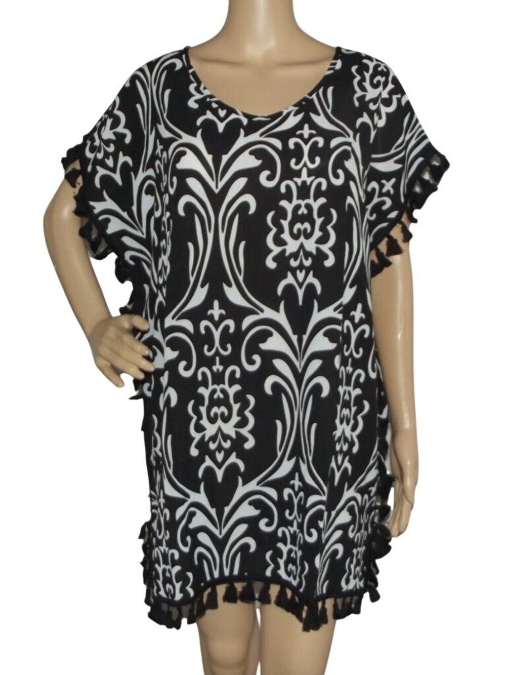 Yincro Swimsuit Coverup Womens Size Large Black White Print tassel dress v-neck
